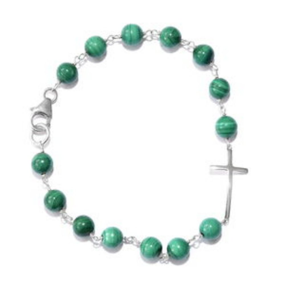 African Malachite Sterling Silver Side Cross Bracelet